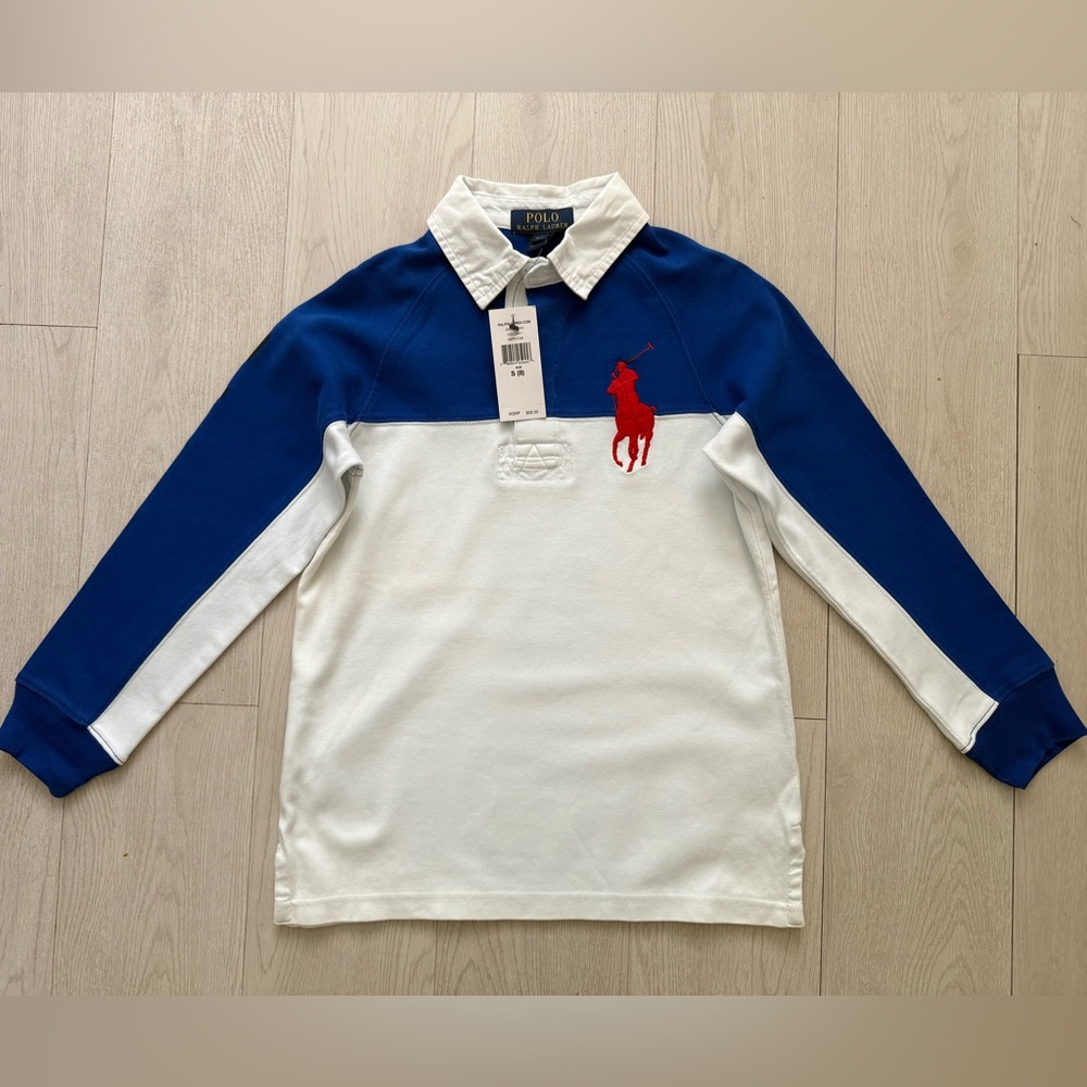 NEW! Polo Ralph Lauren Blue White Rugby Shirt + Red Big Pony + Black accents.NEW